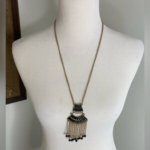 Sold on FB Marketplace! Art Deco Gold & Black Tiered Fringe Long Necklace, 17”